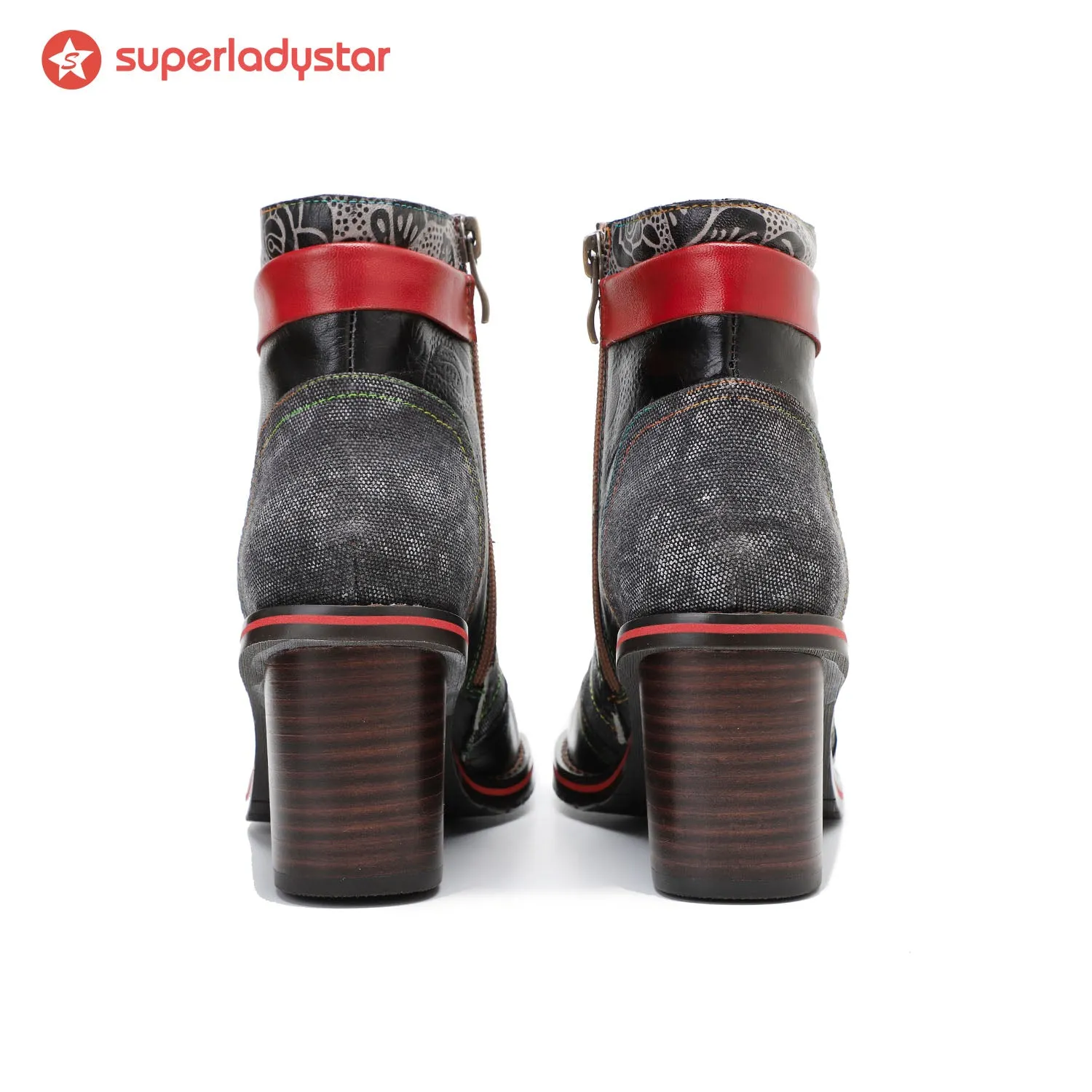 Retro Patchwork Color Contrast Comfort Block Heel Booties sold by superladystar product image thumbnail 5