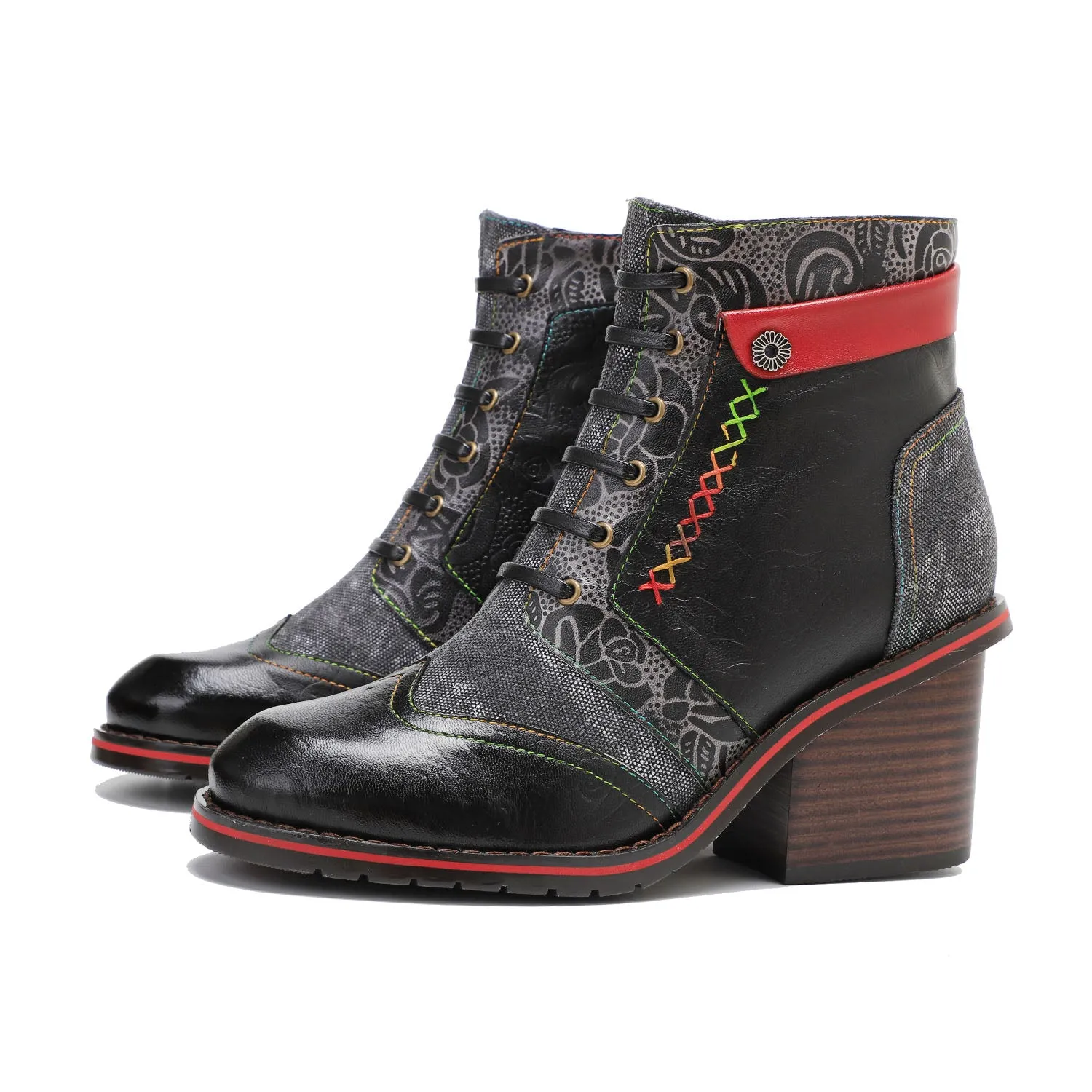 Retro Patchwork Color Contrast Comfort Block Heel Booties sold by superladystar