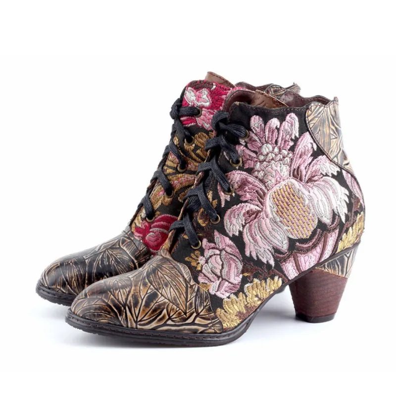 Retro Hand Painted Leather Stitched High Heels Ankle Boots sold by superladystar