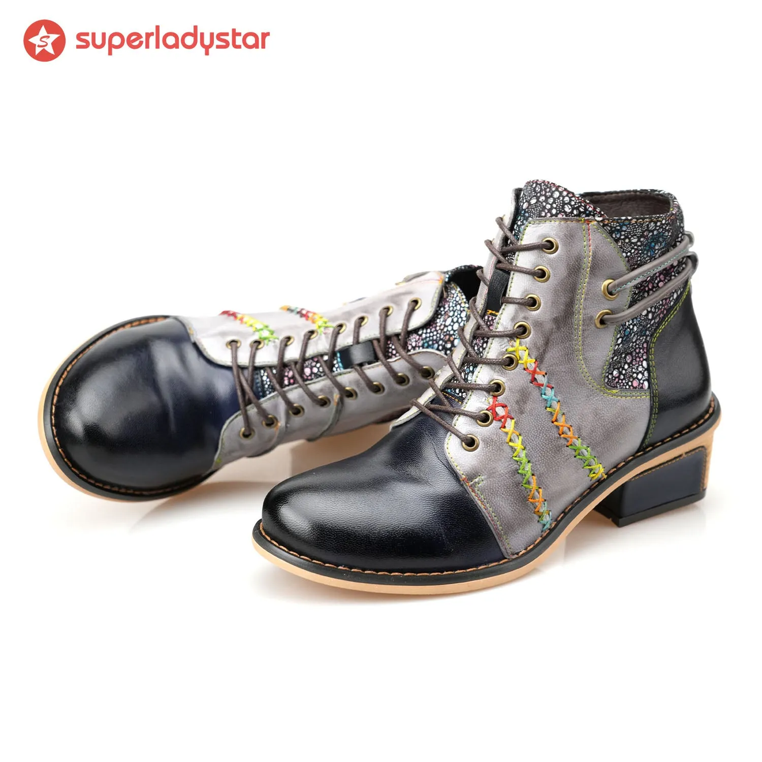 Retro Leather Patchwork Casual Comfort Ankle Boots sold by superladystar product image thumbnail 2