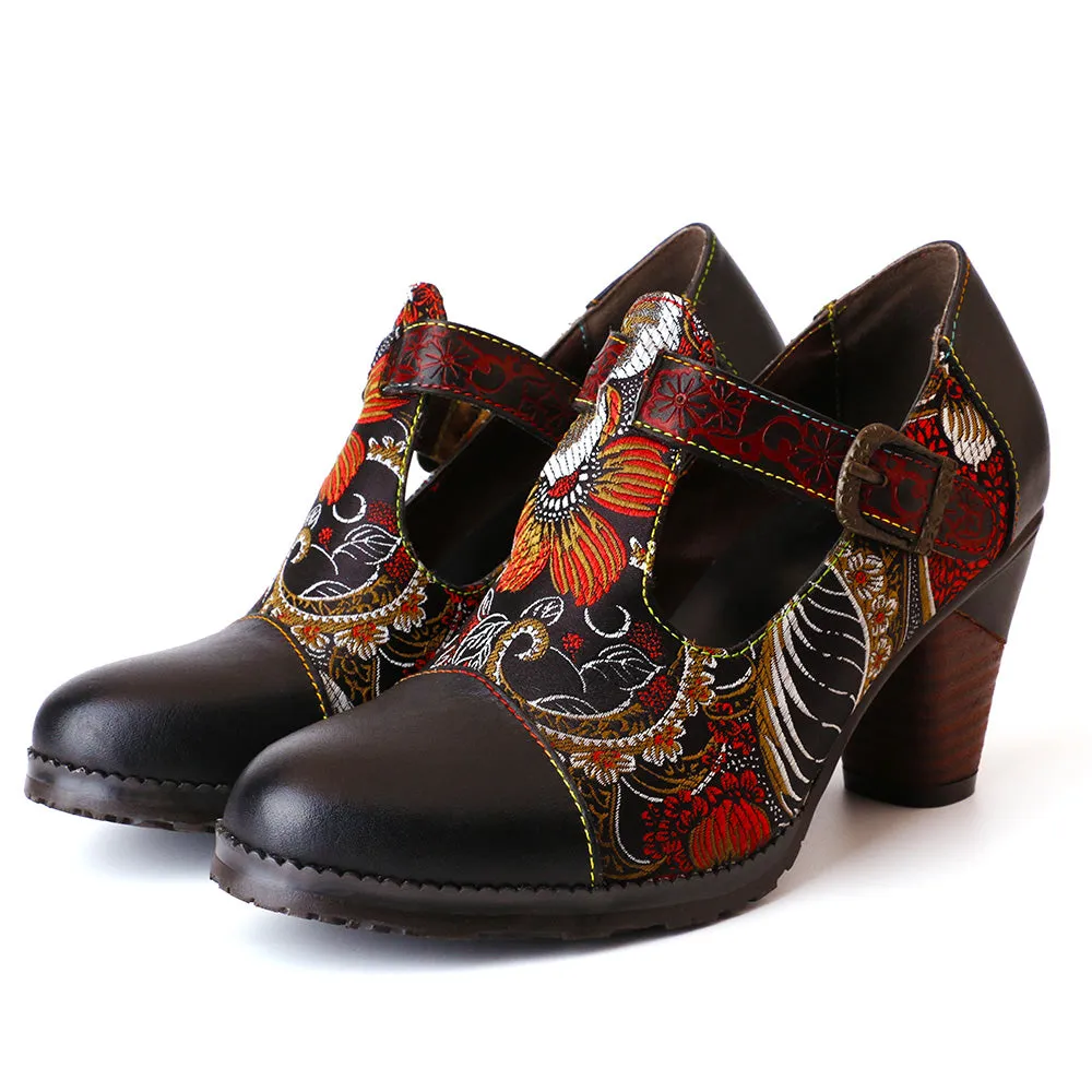 Flowers Stitching Genuine Leather Retro Pumps sold by superladystar