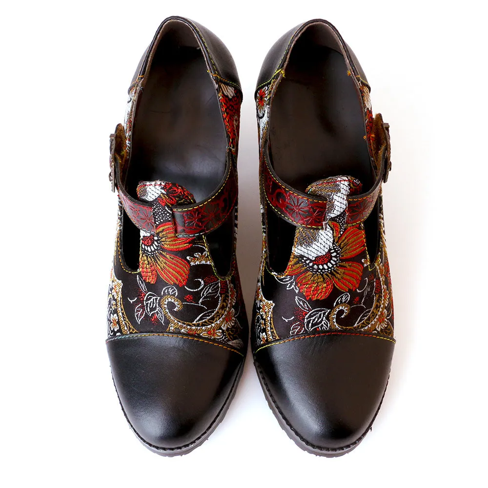 Flowers Stitching Genuine Leather Retro Pumps sold by superladystar product image thumbnail 5