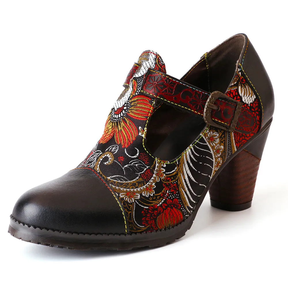 Flowers Stitching Genuine Leather Retro Pumps sold by superladystar product image thumbnail 2