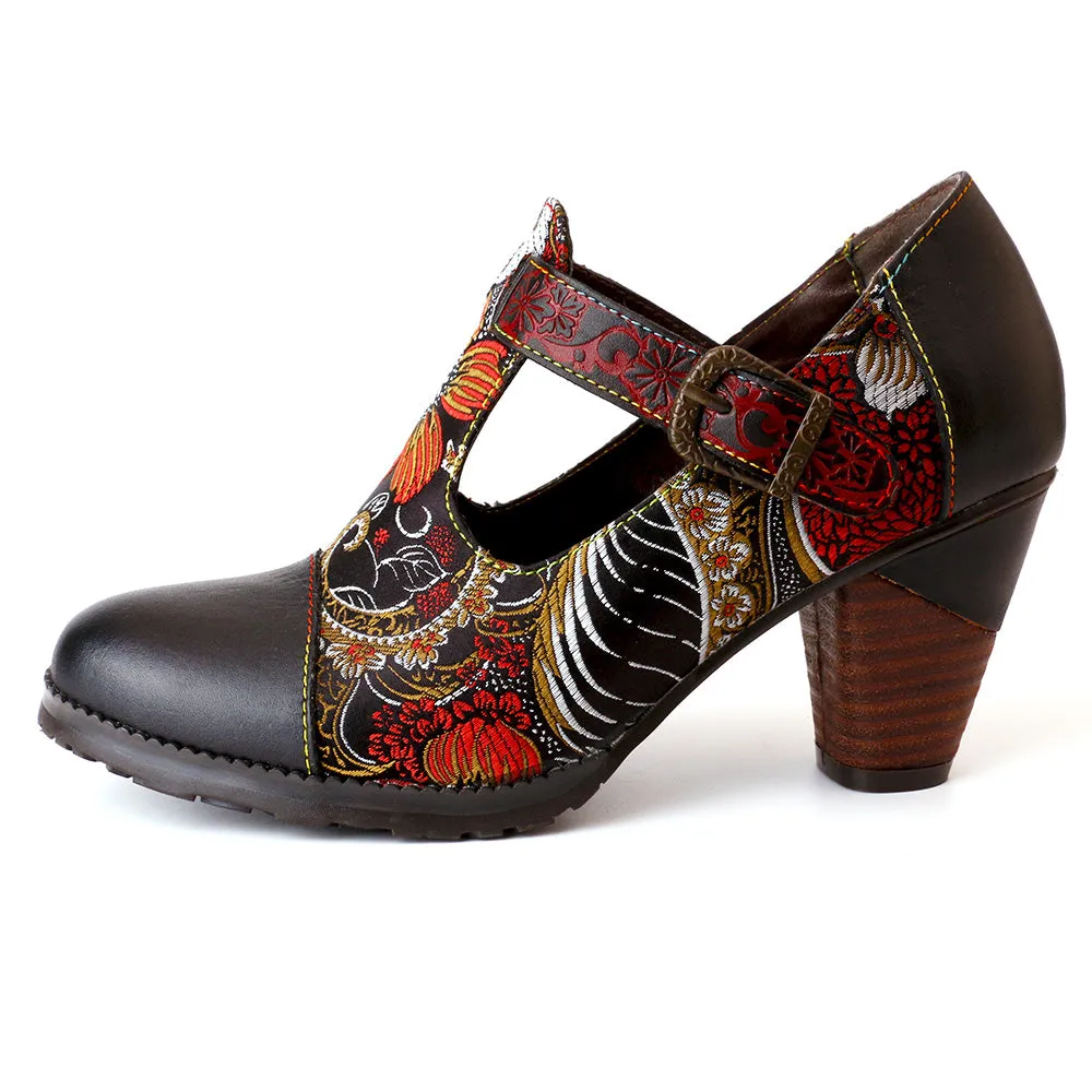 Flowers Stitching Genuine Leather Retro Pumps sold by superladystar product image thumbnail 3