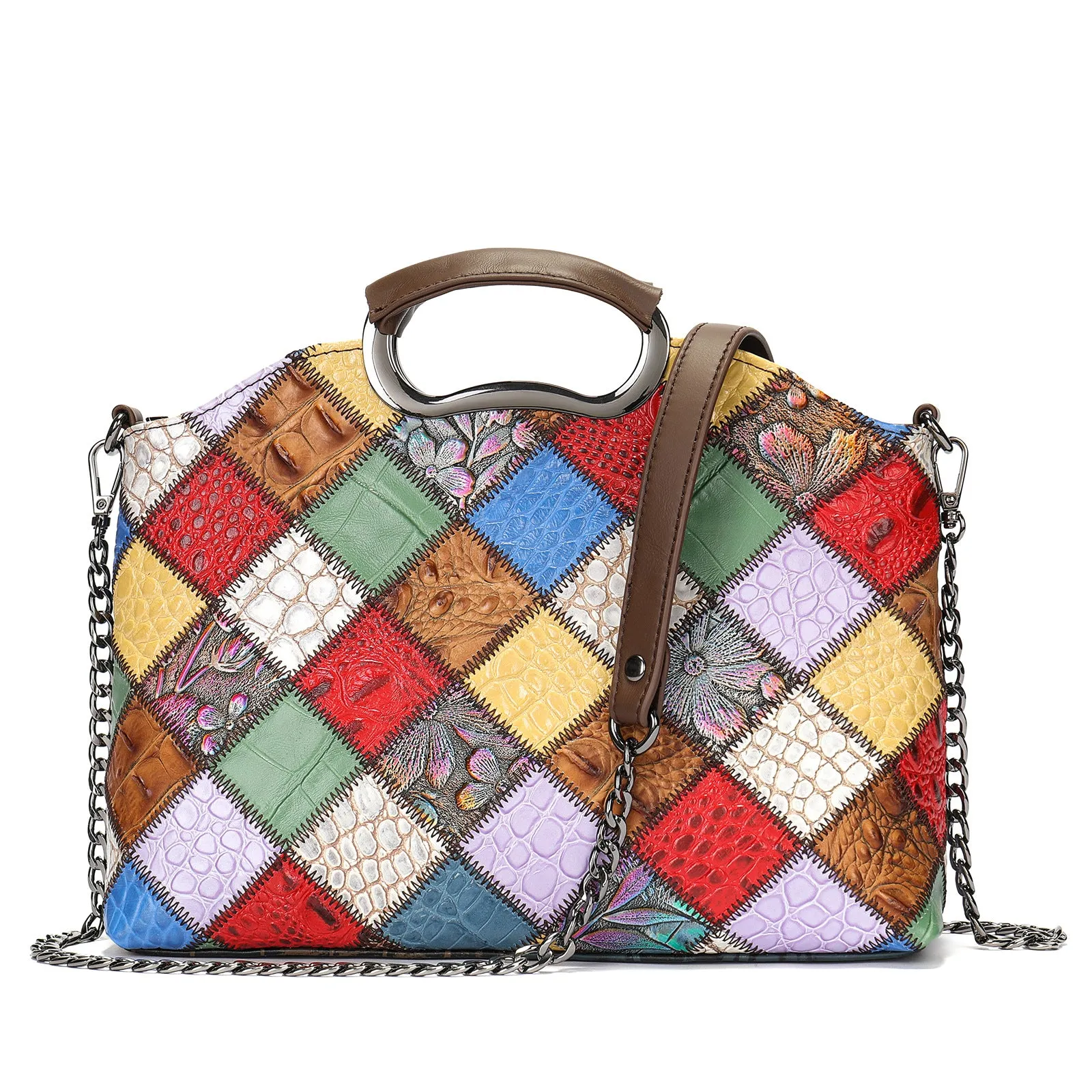 Cowhide Single Shoulder Retro Patchwork Colorful Messenger Bag sold by superladystar product image thumbnail 2