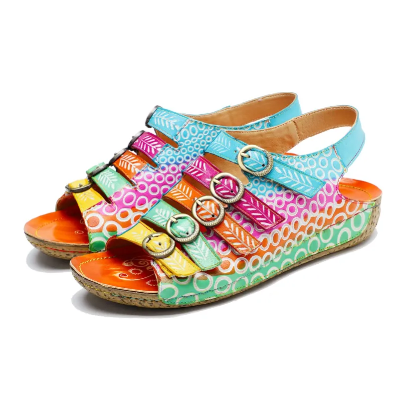 Colorful Floral Embossed Leather Sandals sold by superladystar