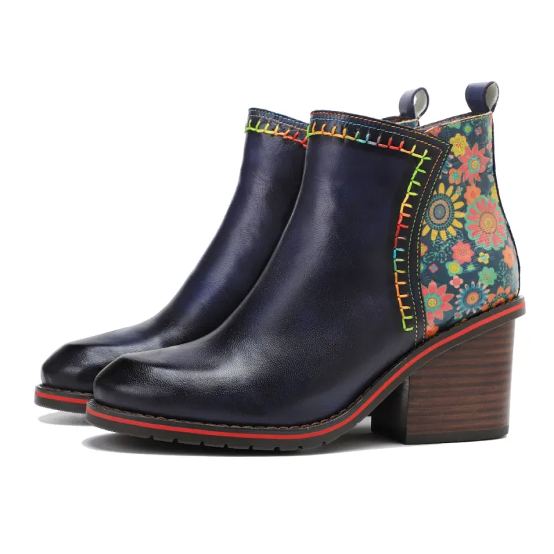 Vintage Handmade Stitching Comfort Chunky Heel Booties sold by superladystar