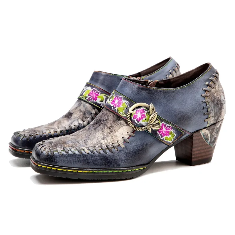 Square Toe Hand-painted Leather Pumps sold by superladystar