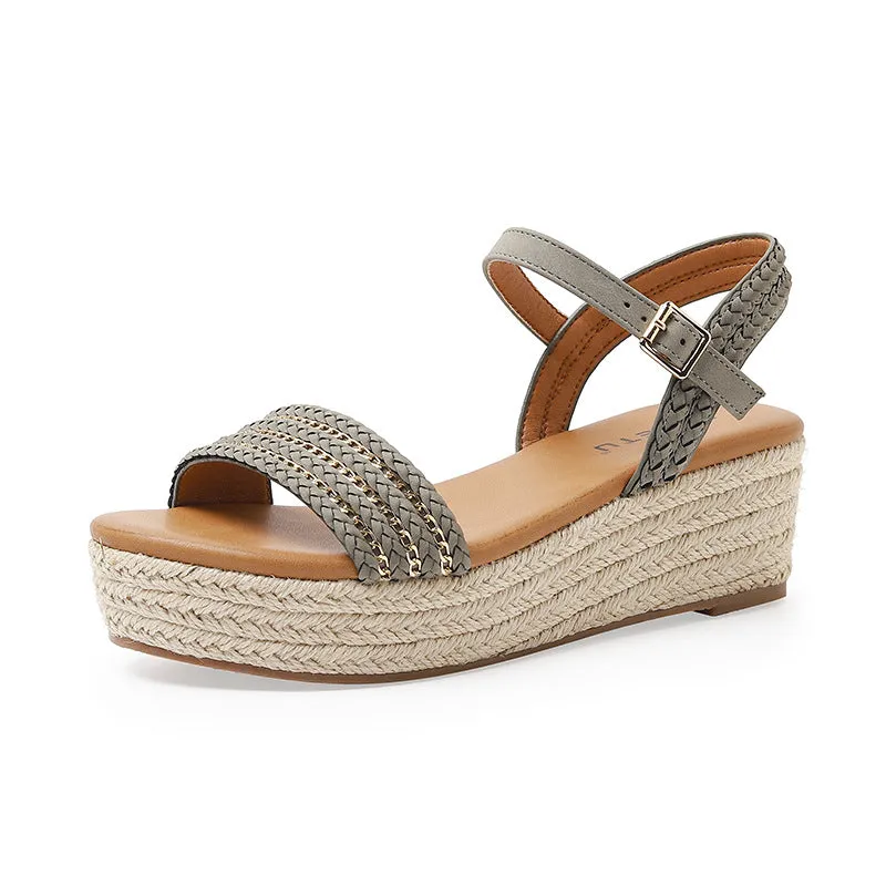 Straw-Woven Chain Decoration Wedge Soles Sandals sold by superladystar