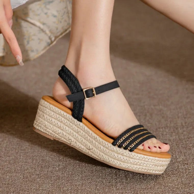 Straw-Woven Chain Decoration Wedge Soles Sandals sold by superladystar product image thumbnail 3