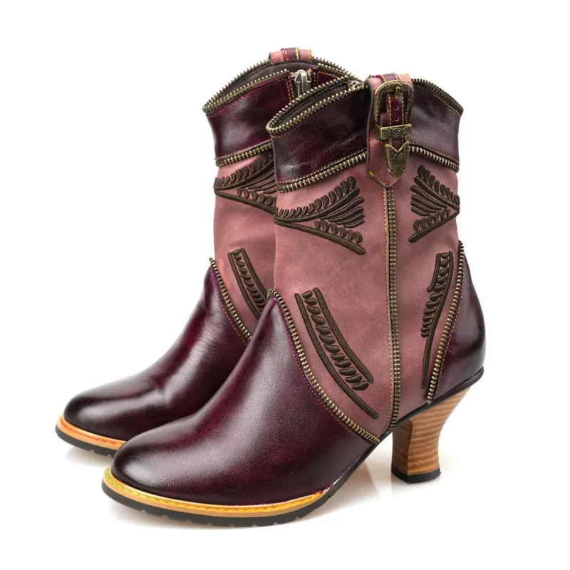 Hand Painted Leather Patchwork Ankle Boots sold by superladystar