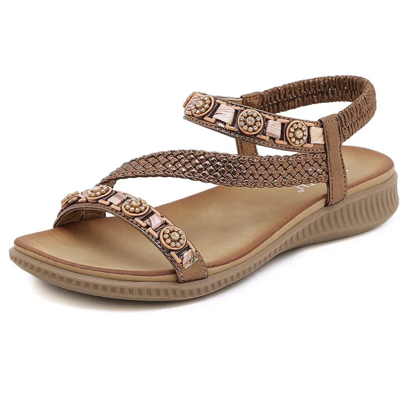 Woven Metal Buckle Leisure Rhinestone Sandals sold by superladystar