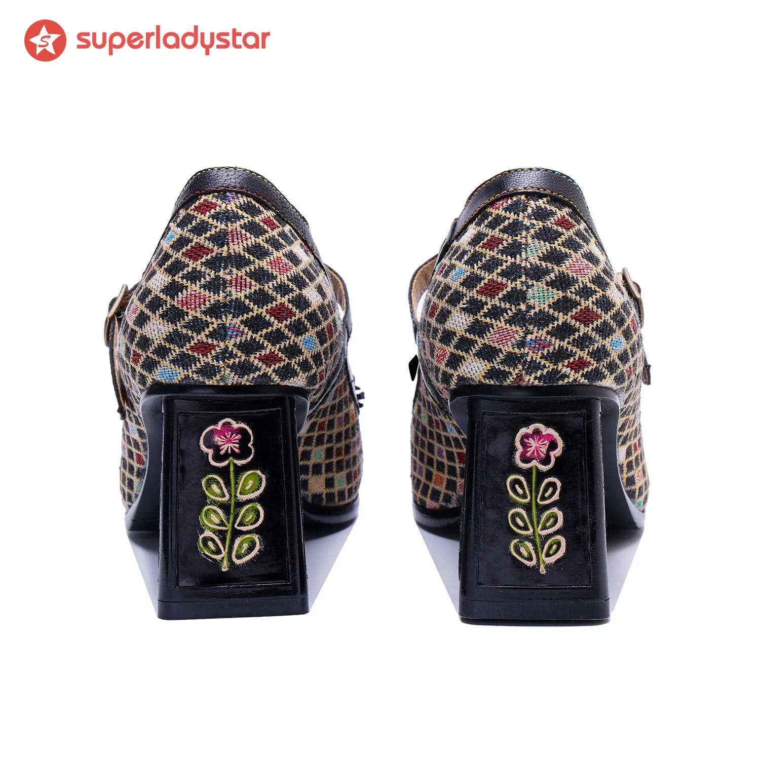 Vintage Handmade Colorful Diamond Grid Cute Pumps sold by superladystar product image thumbnail 5