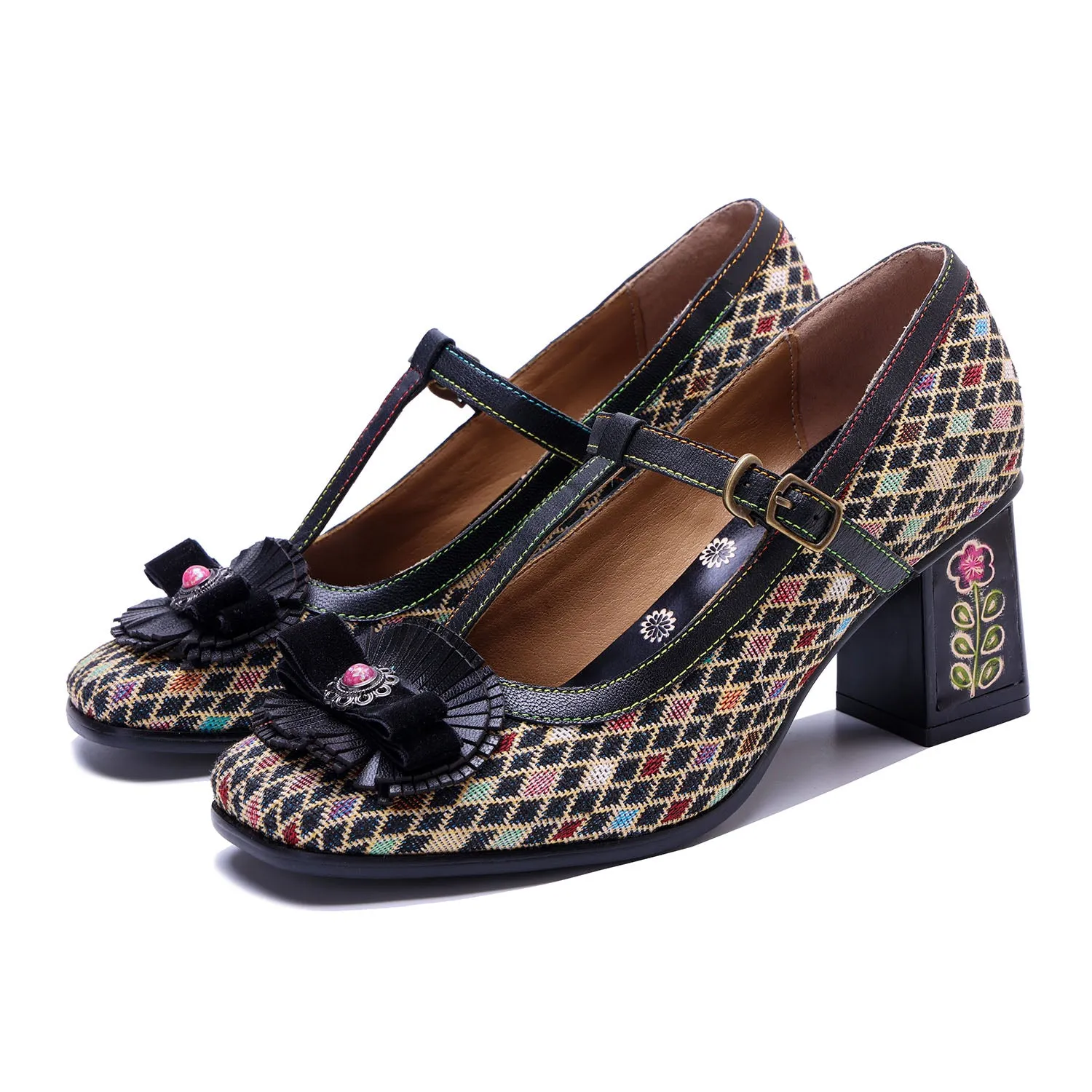 Vintage Handmade Colorful Diamond Grid Cute Pumps sold by superladystar
