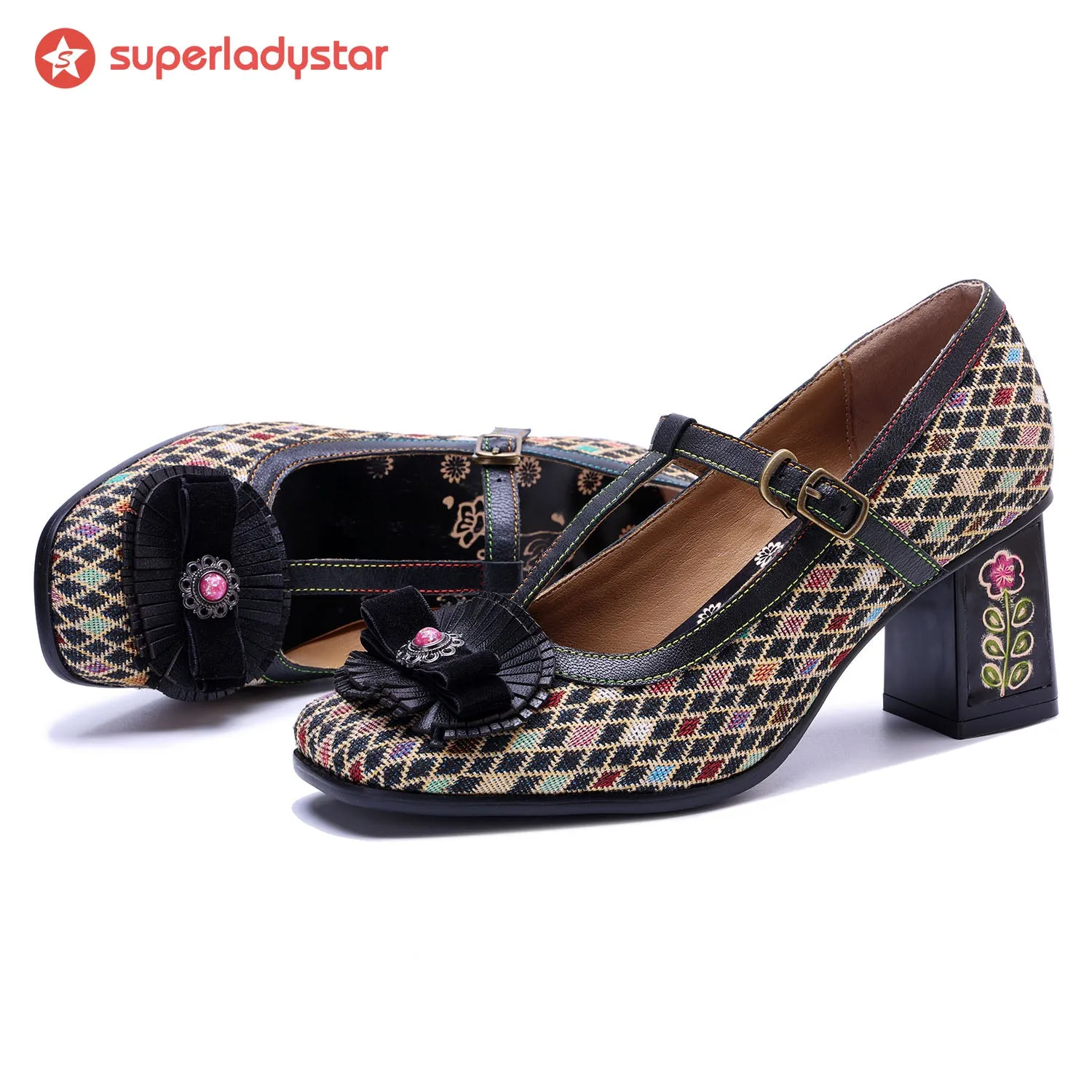 Vintage Handmade Colorful Diamond Grid Cute Pumps sold by superladystar product image thumbnail 2