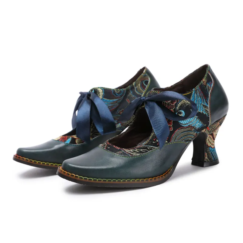 Retro Handmade Floral Kitten Heel Pumps sold by superladystar