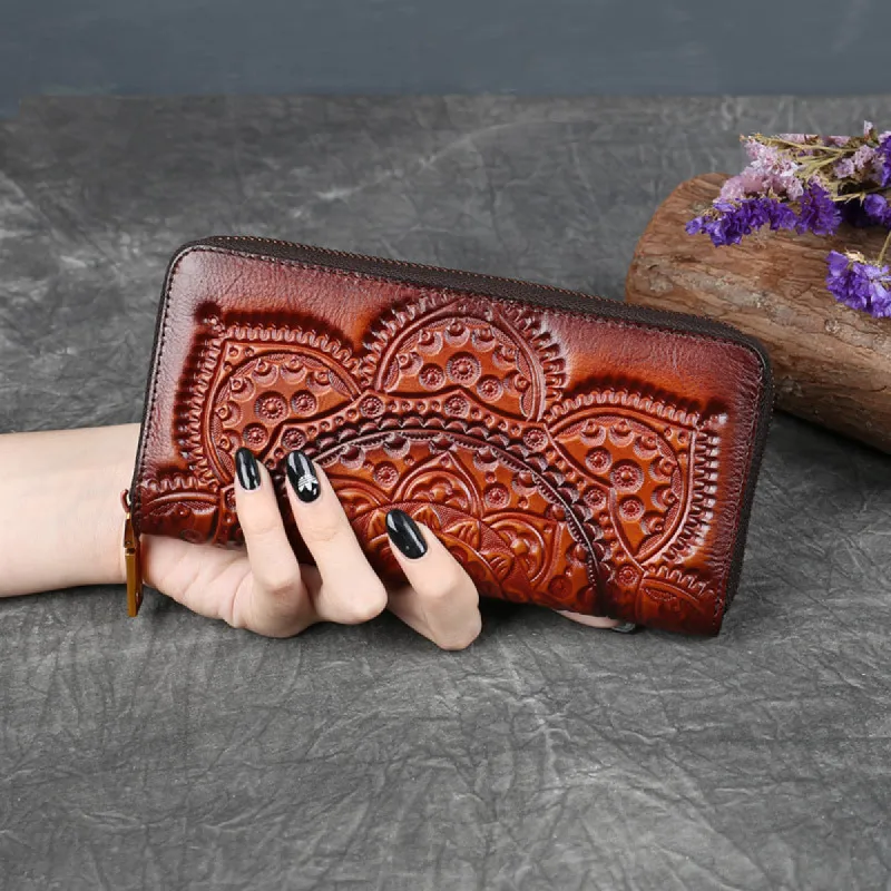 Embossed Zipper Cowhide Vintage Leather Wallet sold by superladystar