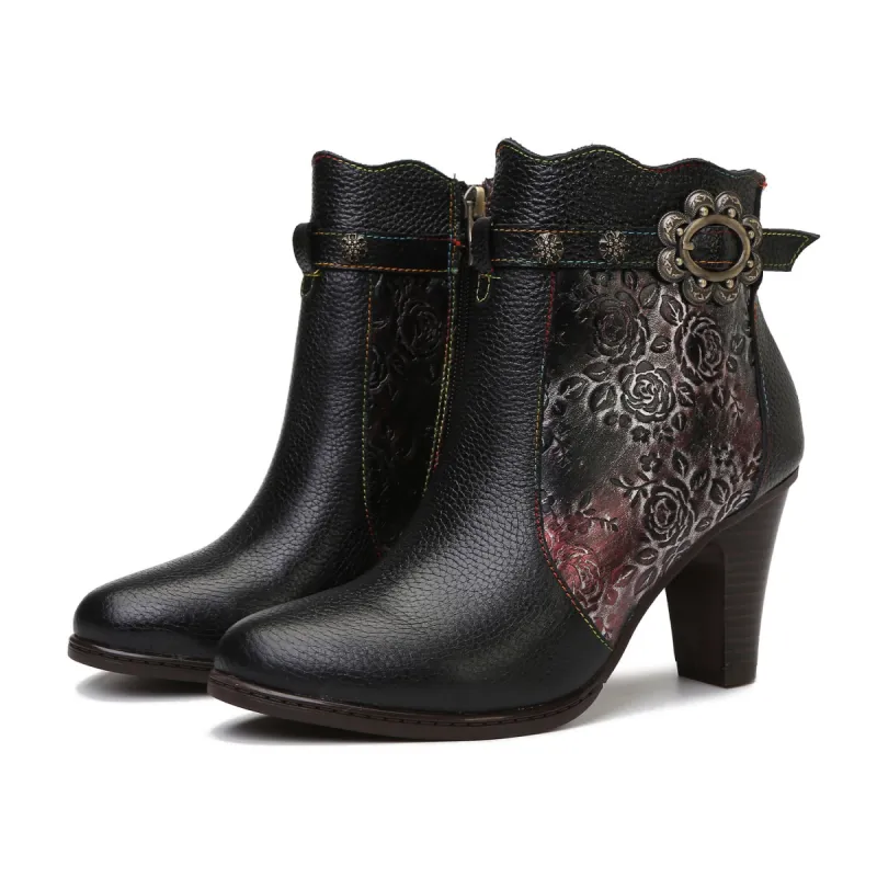 Retro Handmade Embossed Floral Stitching Booties sold by superladystar