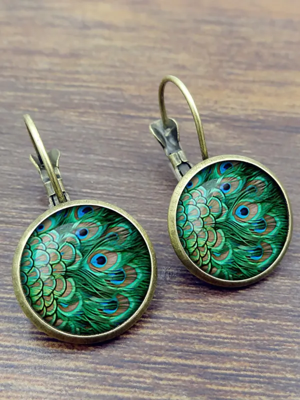 Vintage Peacock Feathers Pattern Earrings Bohemian Bronze Time Gem Cabochon Dangle Earrings sold by superladystar