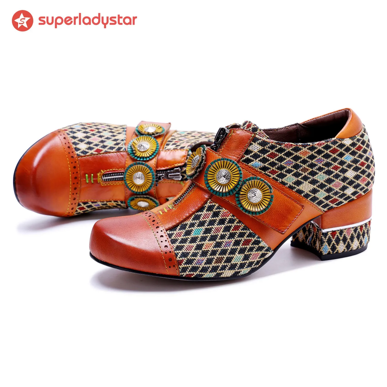 Vintage Handmade Colorful Diamond Grid Pumps sold by superladystar product image thumbnail 2