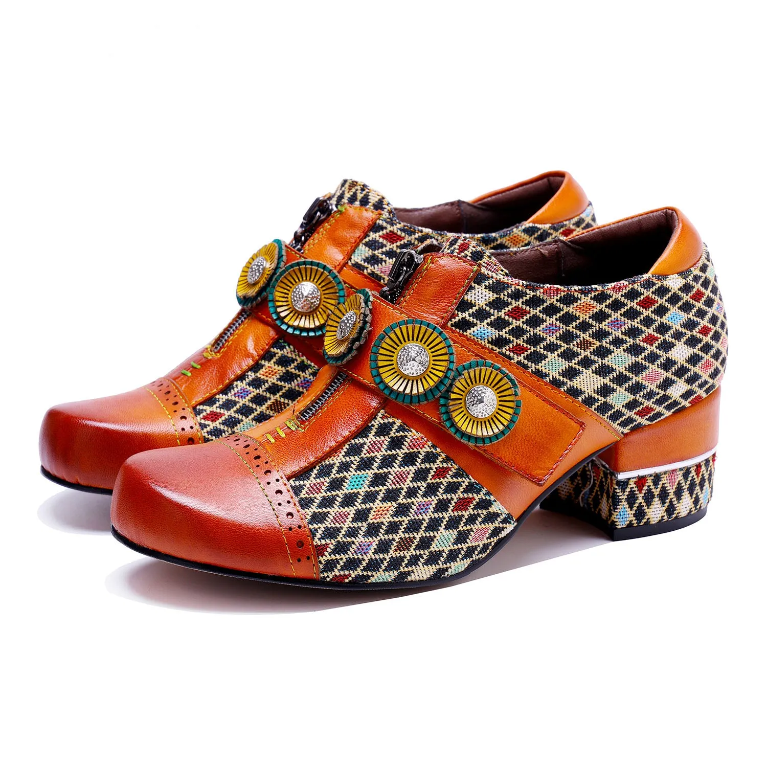 Vintage Handmade Colorful Diamond Grid Pumps sold by superladystar