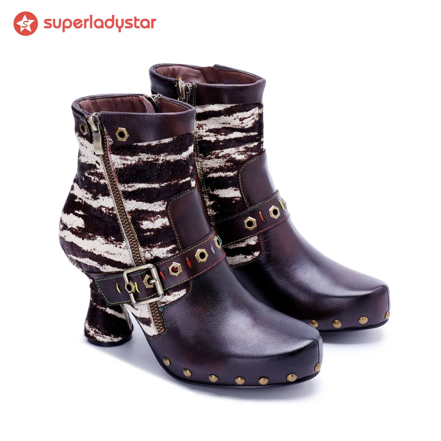 Retro Handmade Fur & leather patchwork Buckle Ankle Boots sold by superladystar product image thumbnail 4