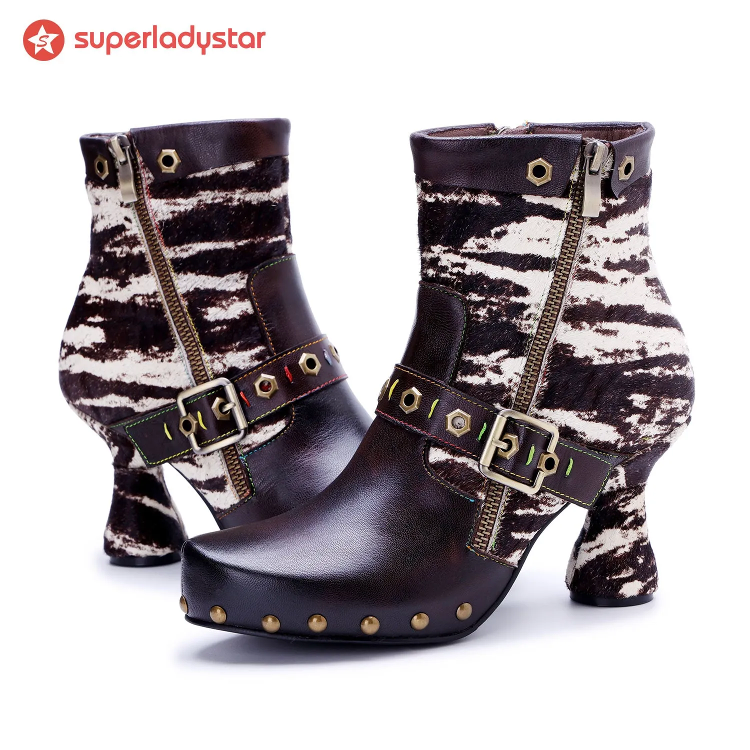 Retro Handmade Fur & leather patchwork Buckle Ankle Boots sold by superladystar product image thumbnail 2