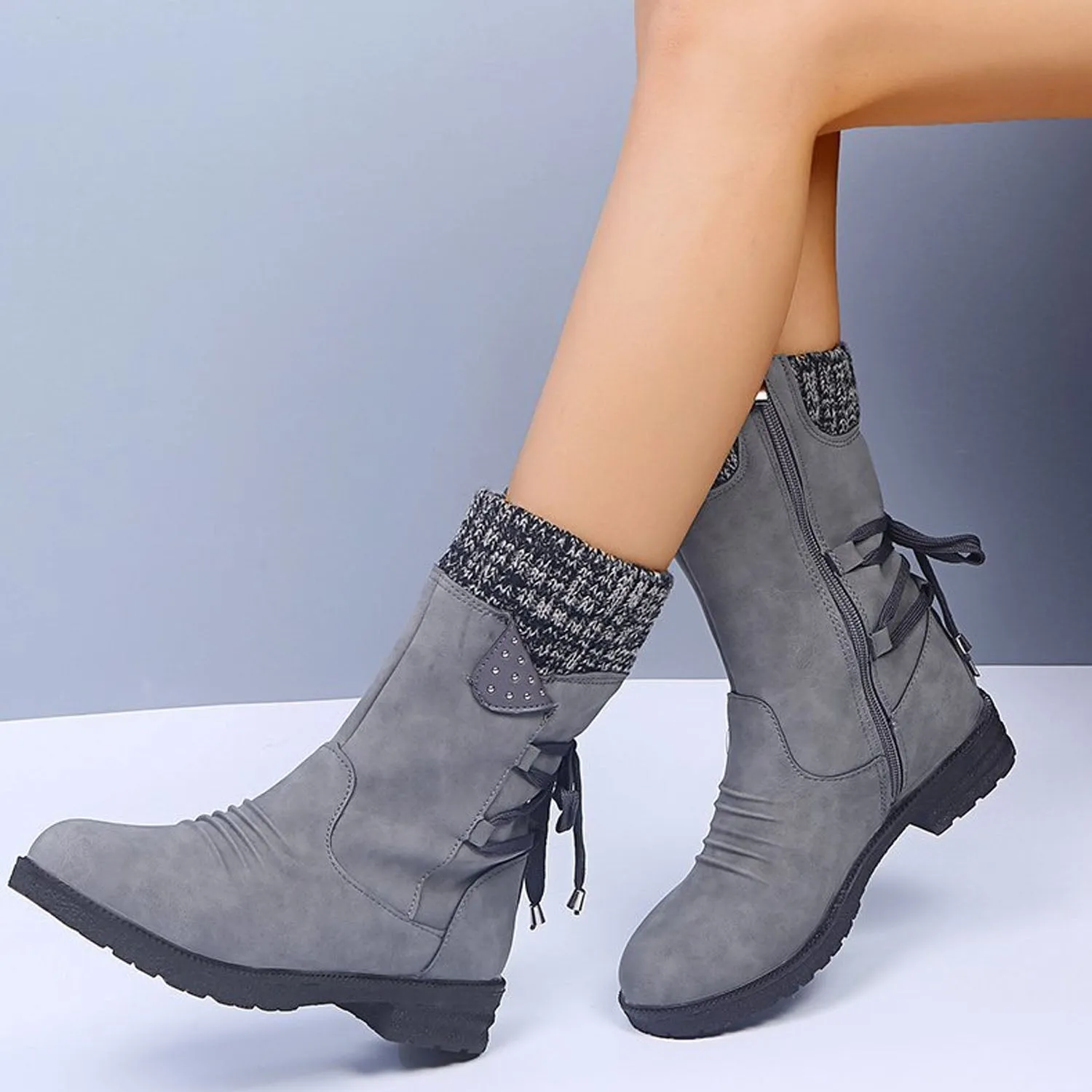 Cozy Knit Lace-Up Winter Boots with Side Zipper sold by superladystar product image thumbnail 2