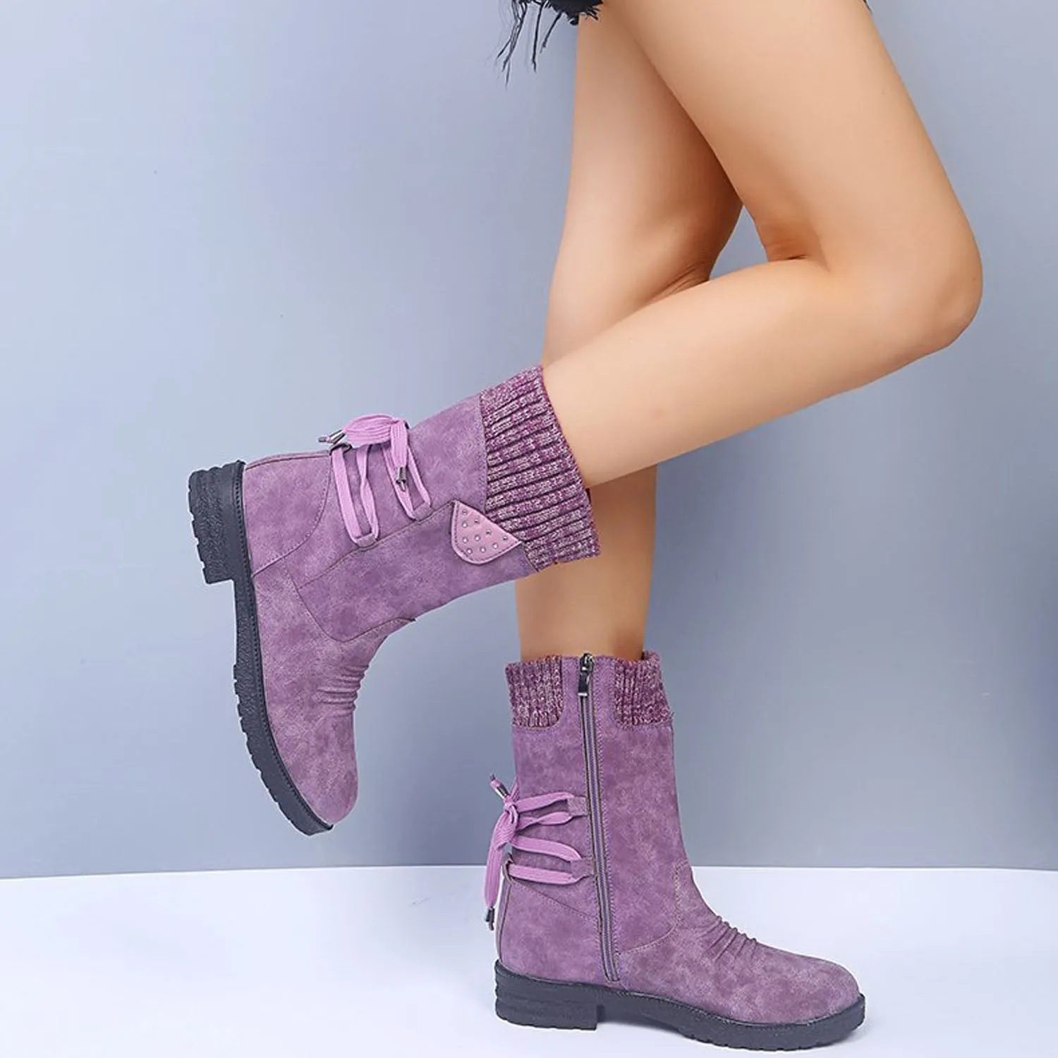 Cozy Knit Lace-Up Winter Boots with Side Zipper sold by superladystar product image thumbnail 5