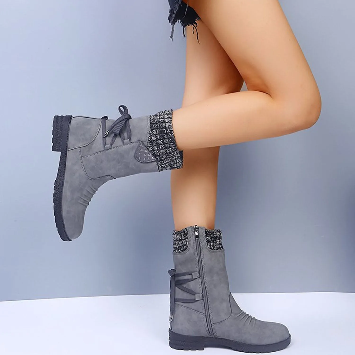 Cozy Knit Lace-Up Winter Boots with Side Zipper sold by superladystar product image thumbnail 4