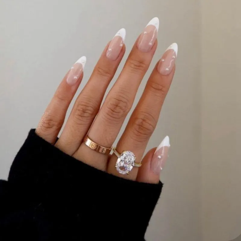 White French Tip with Rhinestone Drop Fake Nails sold by superladystar