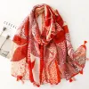 Orange-Red Leaf Floral Silk Scarf Shawl sold by superladystar