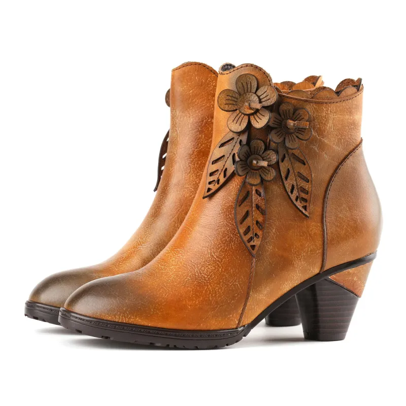 Retro Handmade Floral Leather Solid Color Ankle Boots sold by superladystar