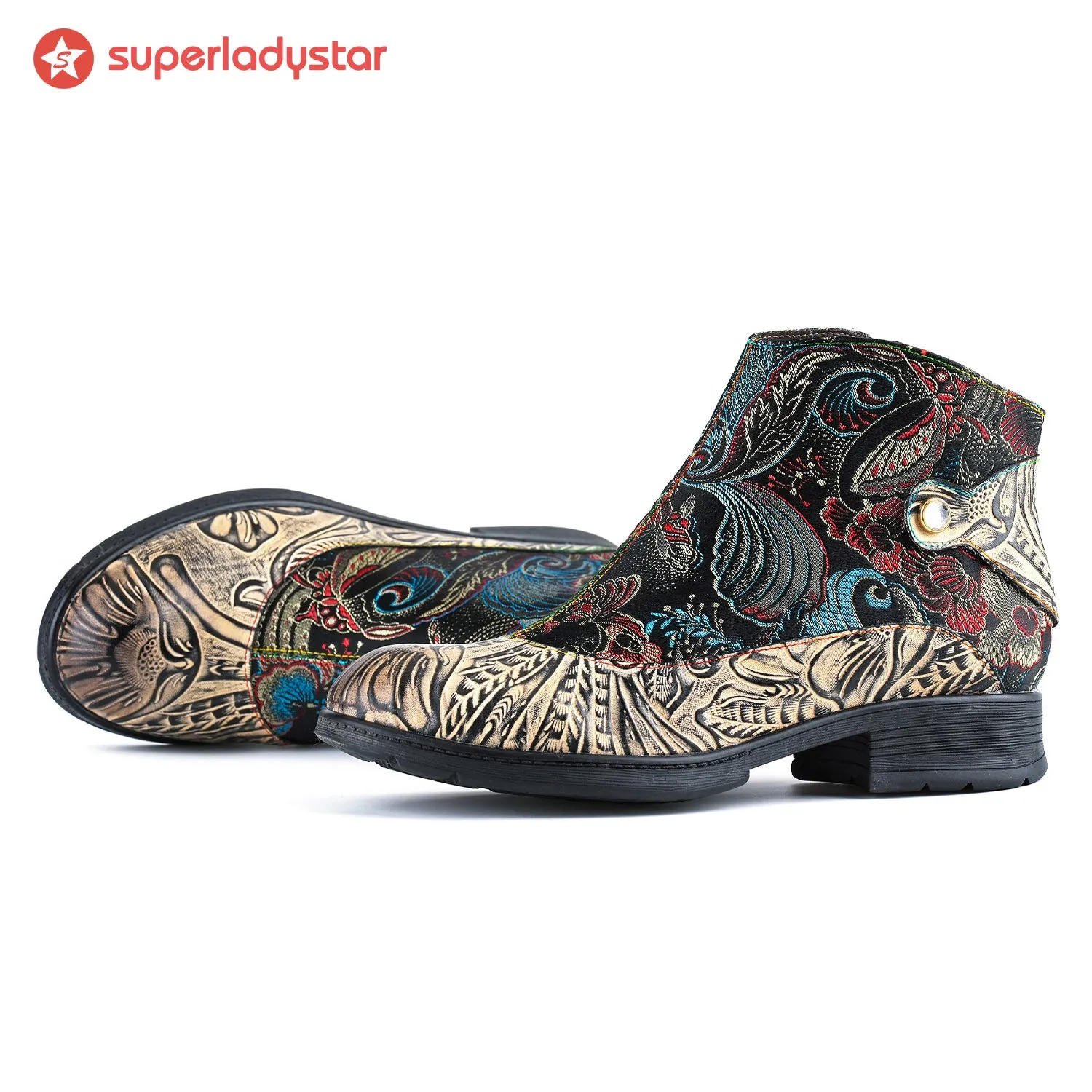 Genuine Leather Embroidered Comfy Flat Ankle Boots sold by superladystar product image thumbnail 4