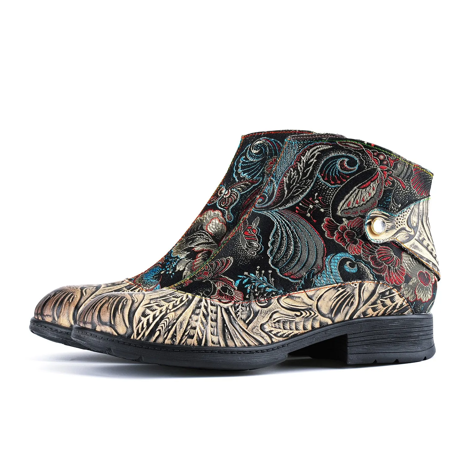 Genuine Leather Embroidered Comfy Flat Ankle Boots sold by superladystar