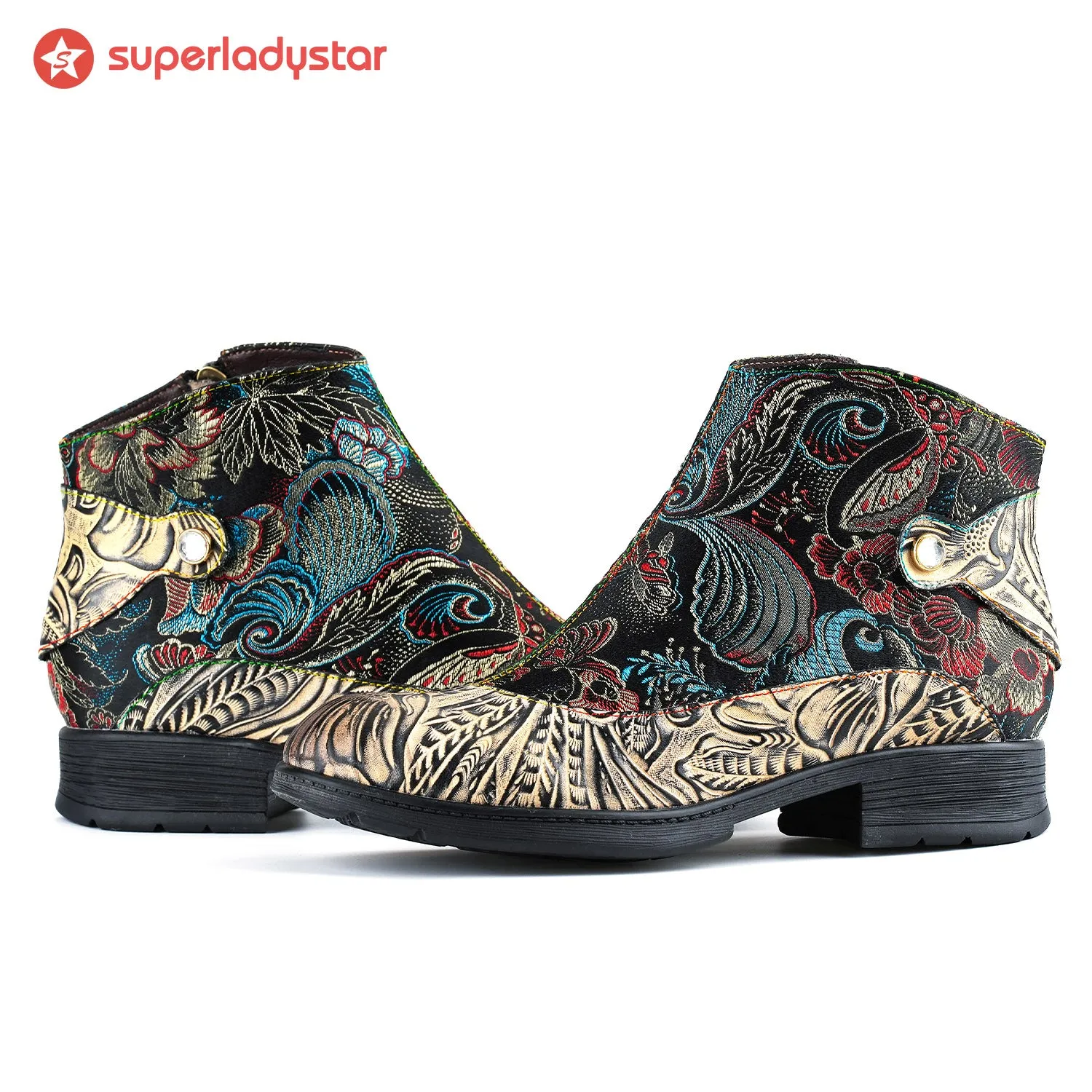 Genuine Leather Embroidered Comfy Flat Ankle Boots sold by superladystar product image thumbnail 3