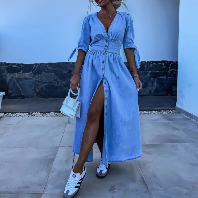 Fashionable Sexy V-Neck Long Button Denim Dress sold by superladystar