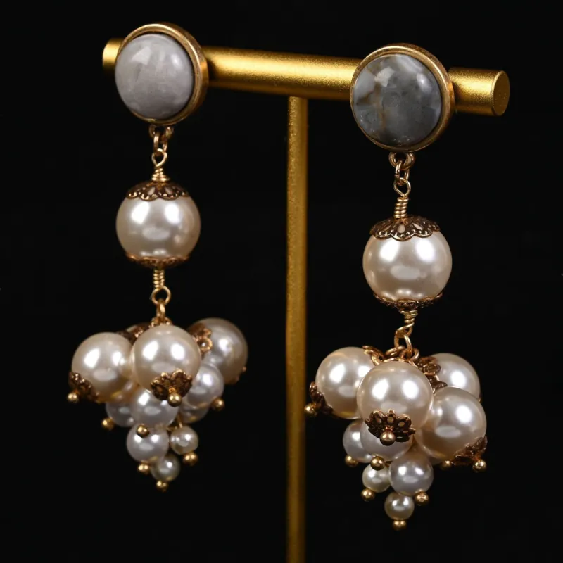 Vintage Grape String Pearl Silver Needle Earrings Translation sold by superladystar