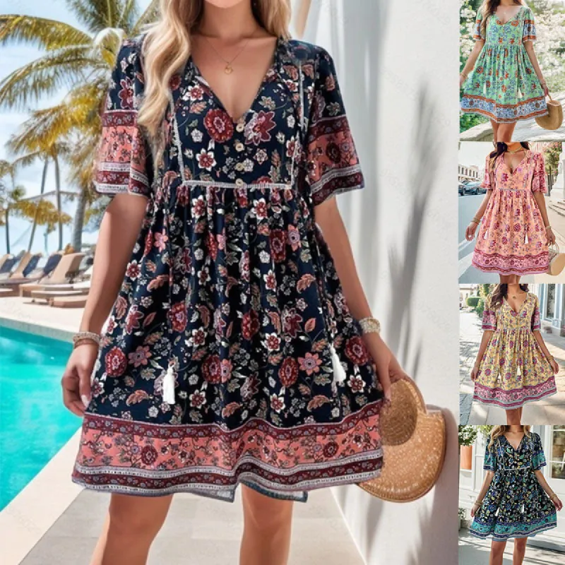 Leisure Vacation Printed Short Sleeve Dress sold by superladystar