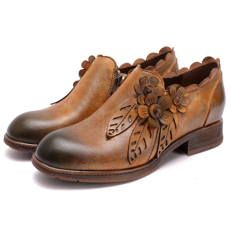 Retro Handmade Floral Leather Flat Boots sold by superladystar