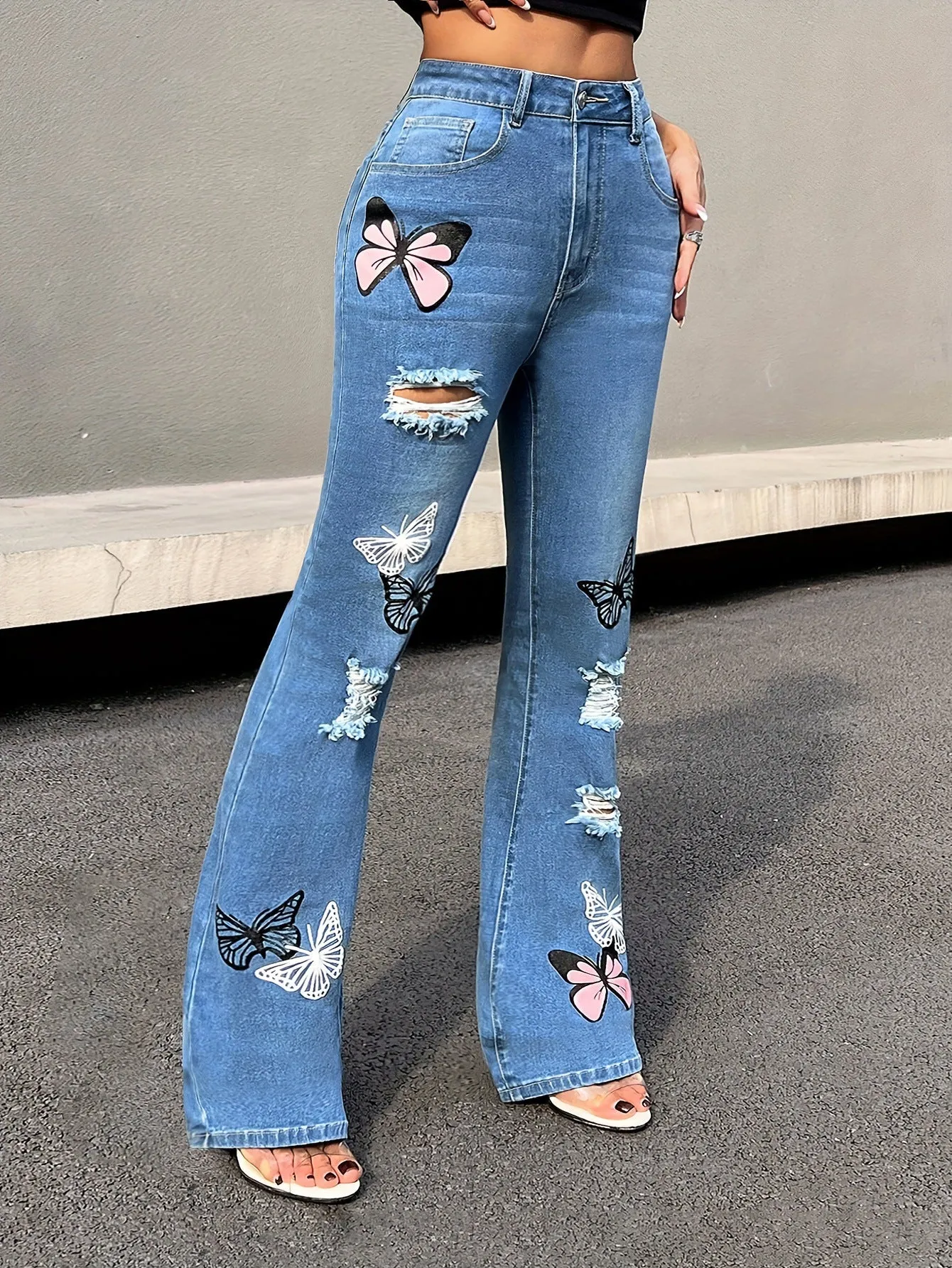 Stretch High-Waist Slim Fit Butterfly Flared Jeans sold by superladystar product image thumbnail 2