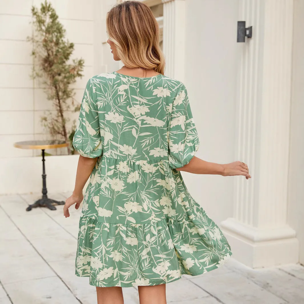 Printed V-Neck Loose Short-Sleeve Dress sold by superladystar product image thumbnail 3