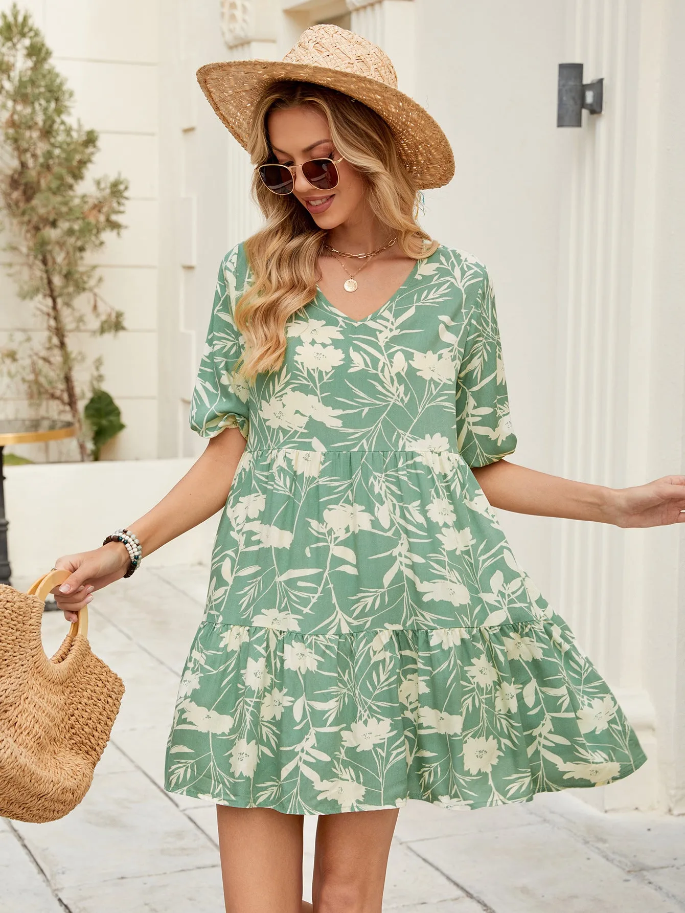 Printed V-Neck Loose Short-Sleeve Dress sold by superladystar product image thumbnail 5