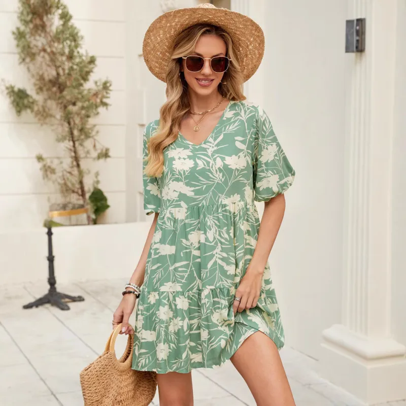 Printed V-Neck Loose Short-Sleeve Dress sold by superladystar