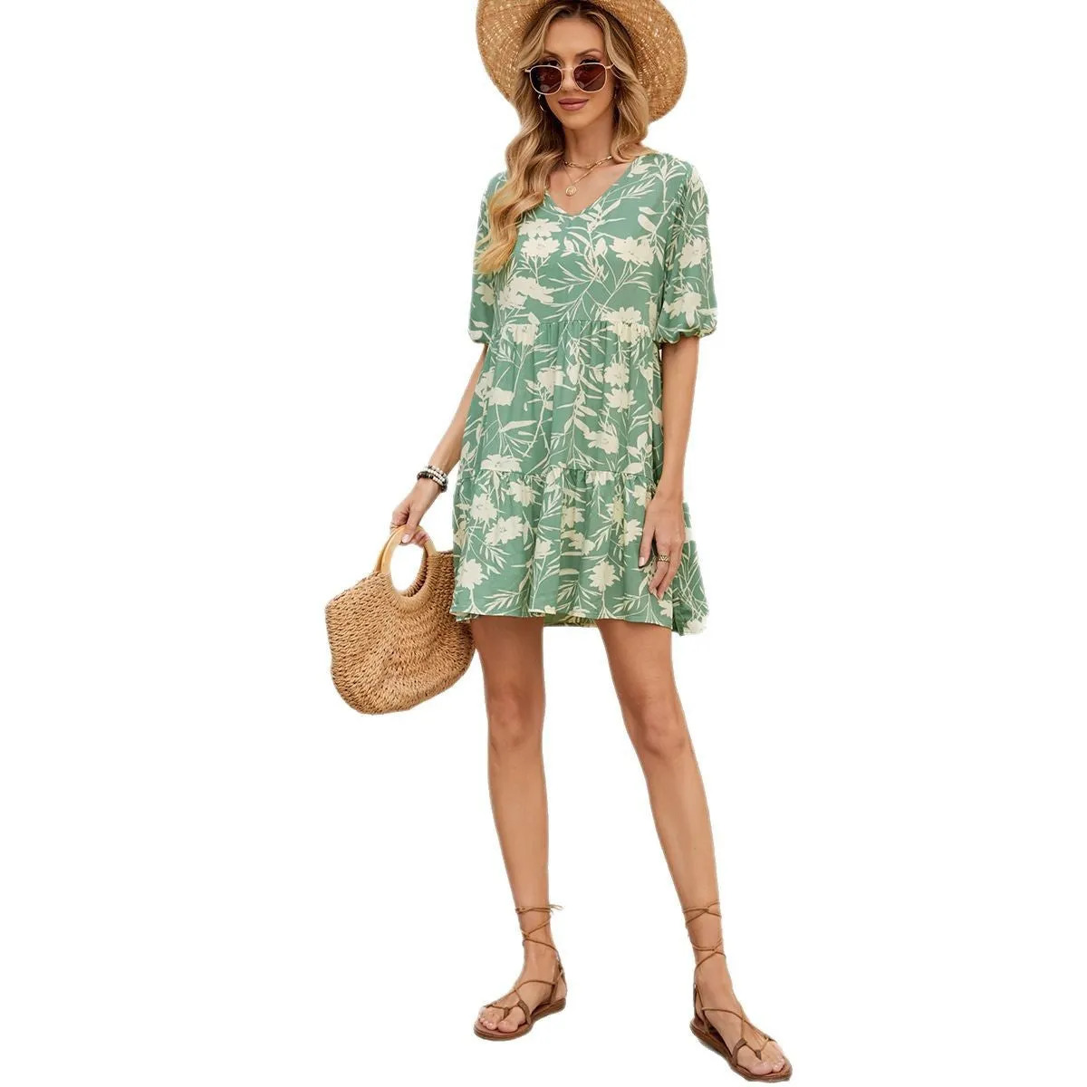 Printed V-Neck Loose Short-Sleeve Dress sold by superladystar product image thumbnail 4