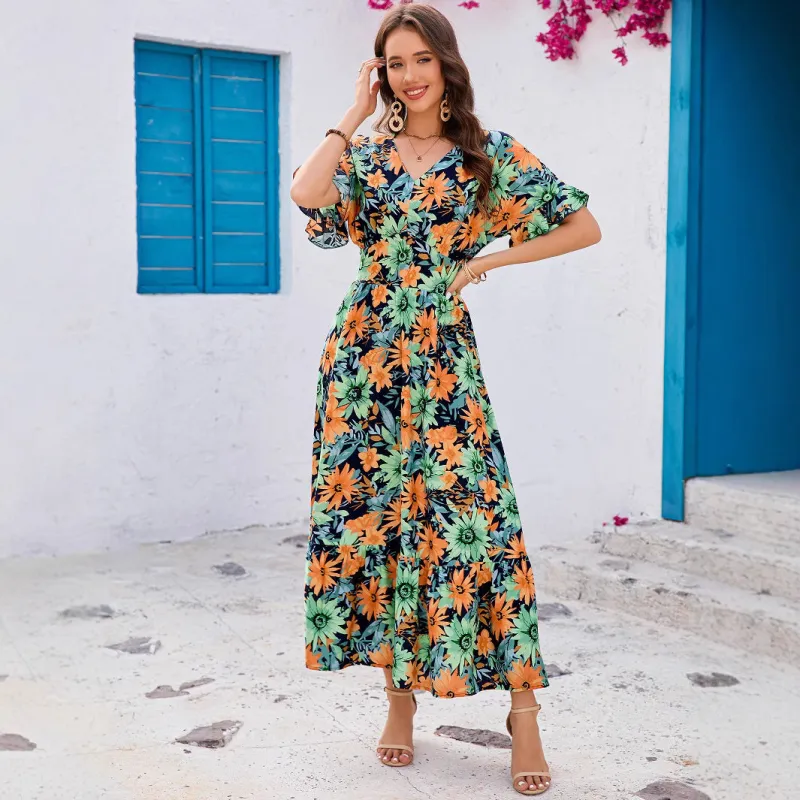Ruffled V-Neck Cinched-Waist Bohemian Dress sold by superladystar