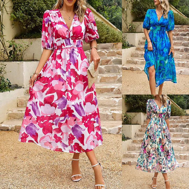 Elegant V-Neck Chiffon Printed Dress sold by superladystar