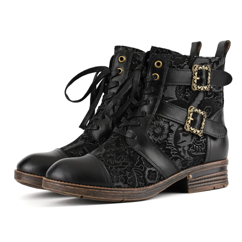 Timeless Grace Floral Lace-Up Flat Ankle Boots sold by superladystar