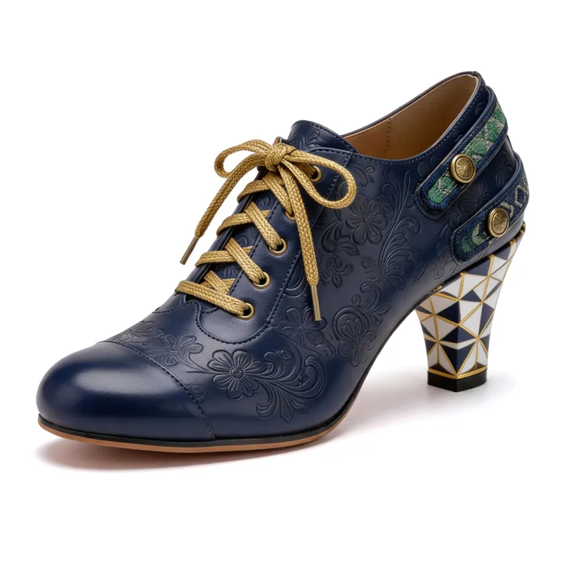 Floral Embossed Lace-Up Heels made by superladystar