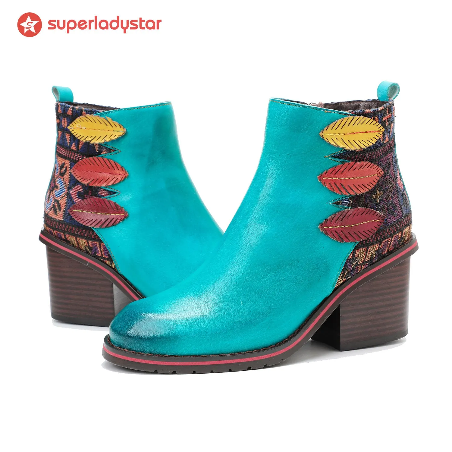 Retro Leaf Leather Comfort Block Heel Booties sold by superladystar product image thumbnail 3